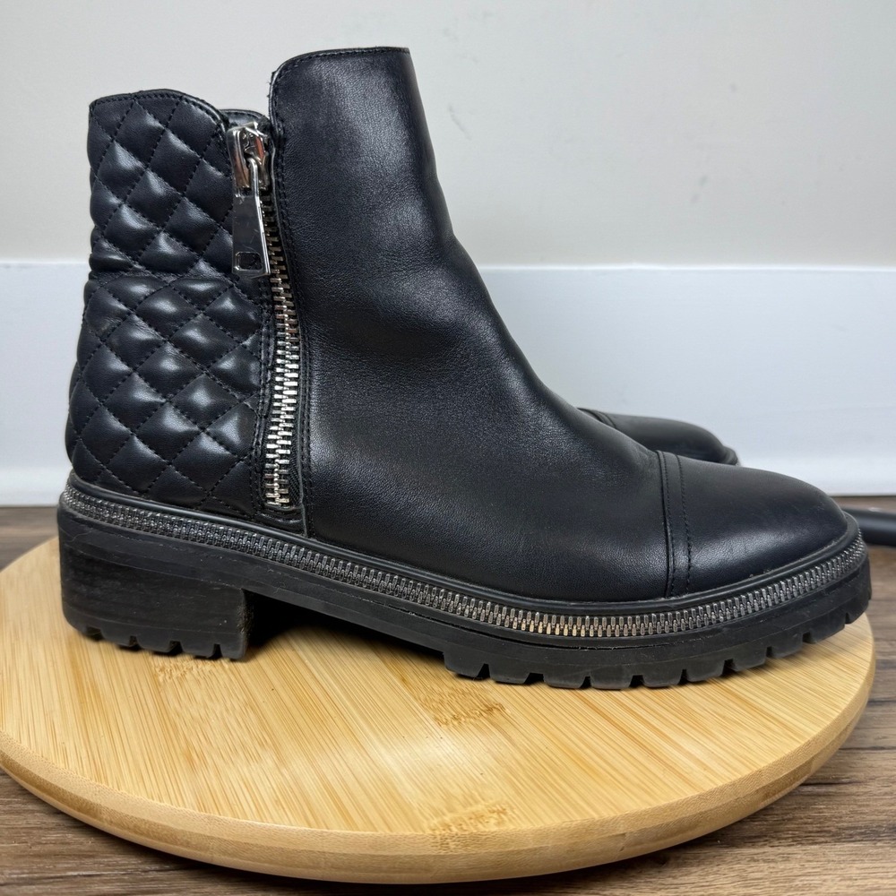 Steven NY "Fancey" Boots Womens 9.5M Black Quilted Moto Lug Sole Leather Fall